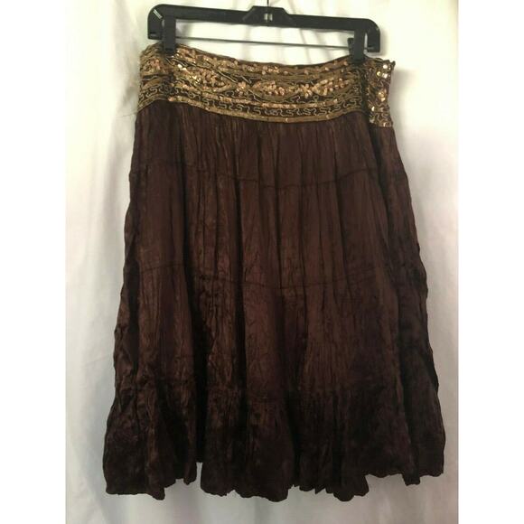 Cache Brown Silk like Boho Hand Sewn Sequins Crinkle Lined Skirt New NWT $138 - Picture 5 of 9